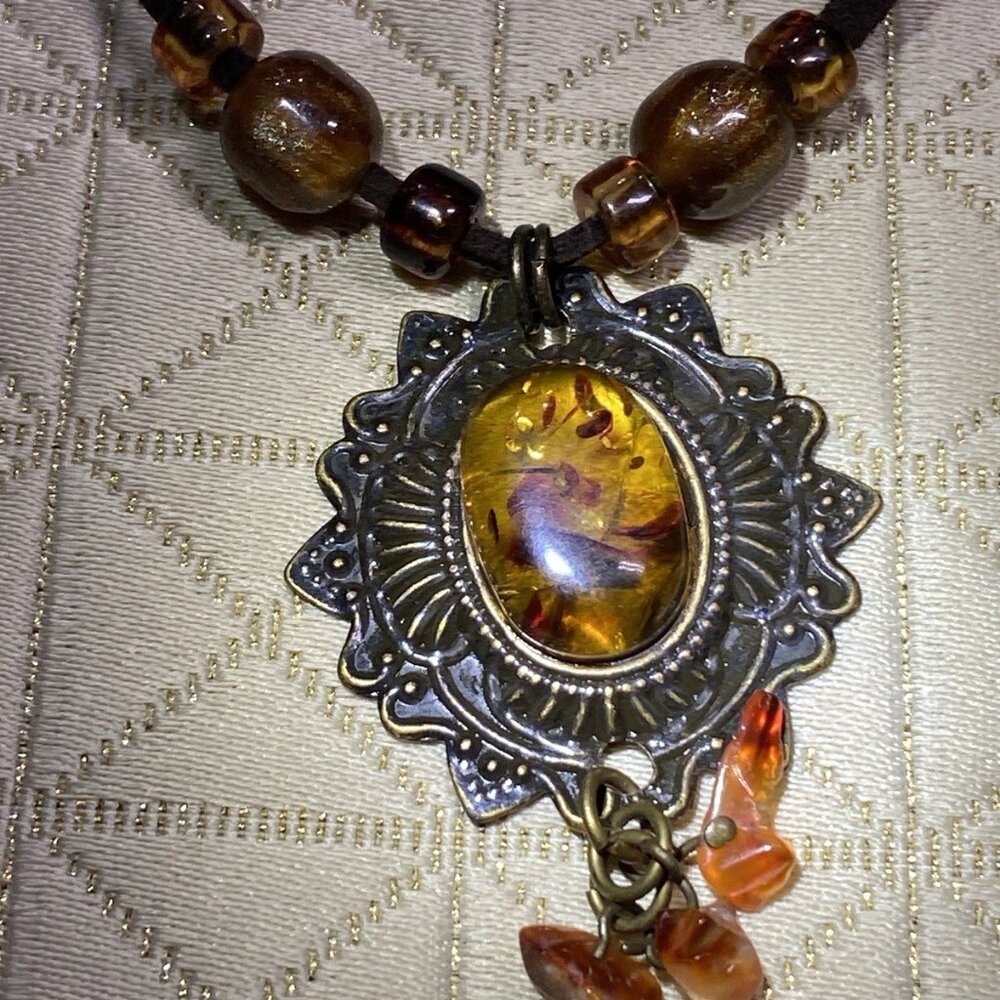 Vintage Boho Necklace with Faux Amber Cabochon Pendant & Glass Beads, 18”
